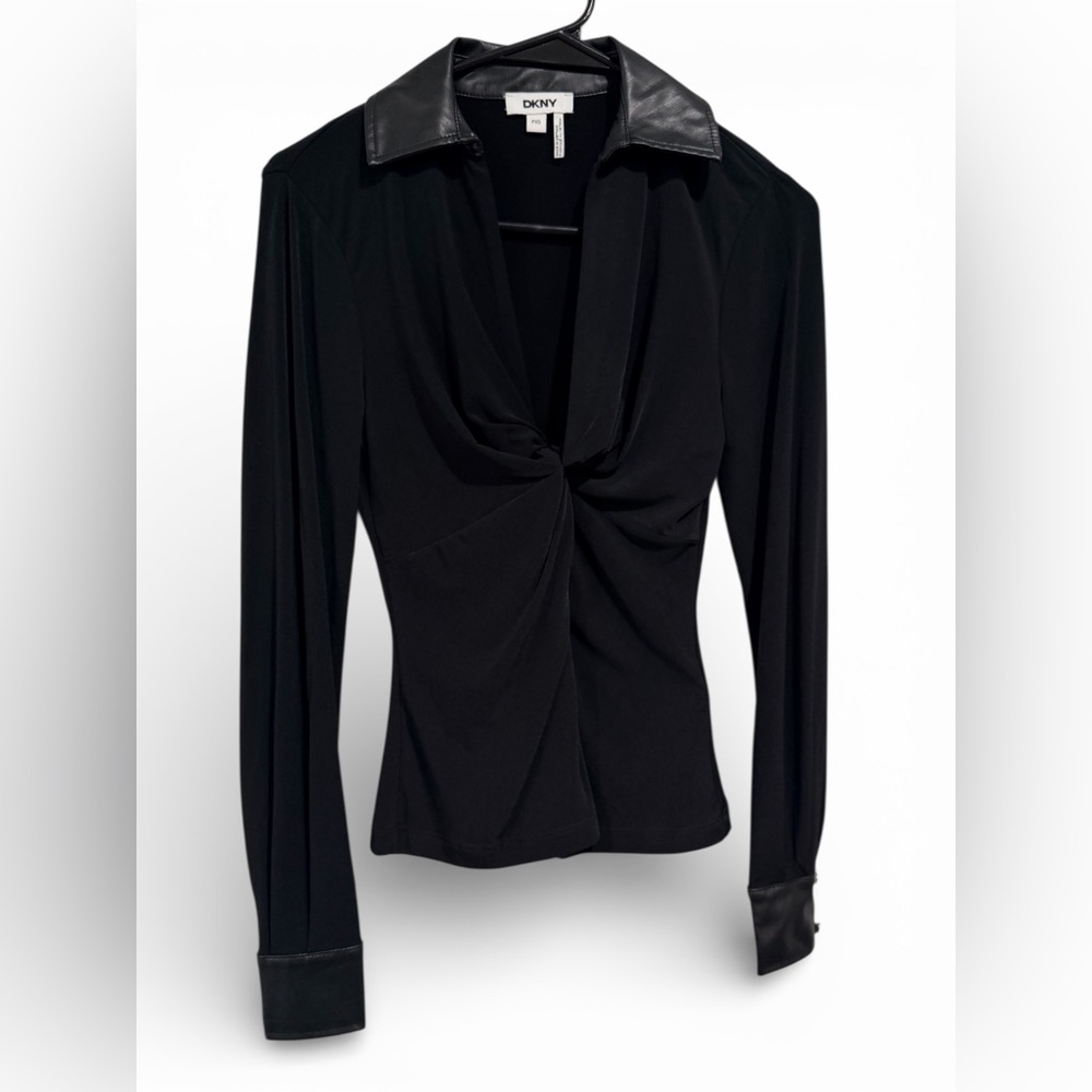 DKNY Black Stretch Twist-Front Blouse w/ Faux Leather Trim